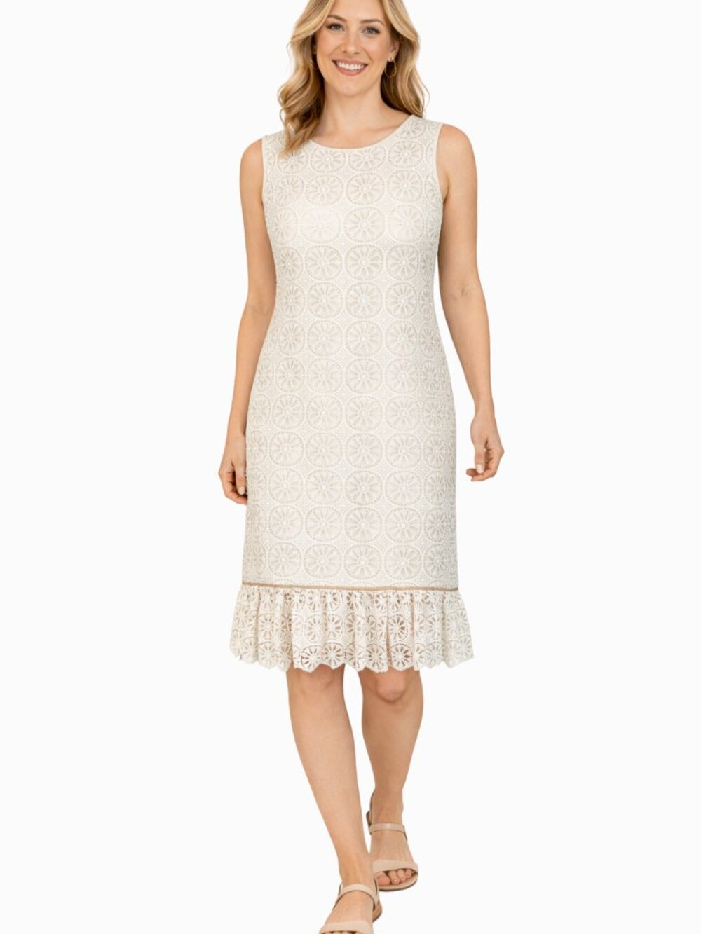 Steffen Schraut Cream Lace Sleeveless Midi Dress Ruffle Hem Size 40